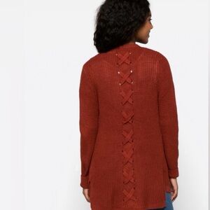 Cozy Rust Cardigan with‎ Lace-Up Detail